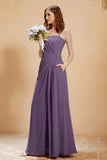 A Line Chiffon Square Bridesmaid Dress With Pockets Formal Evening Prom Dresses Gowns