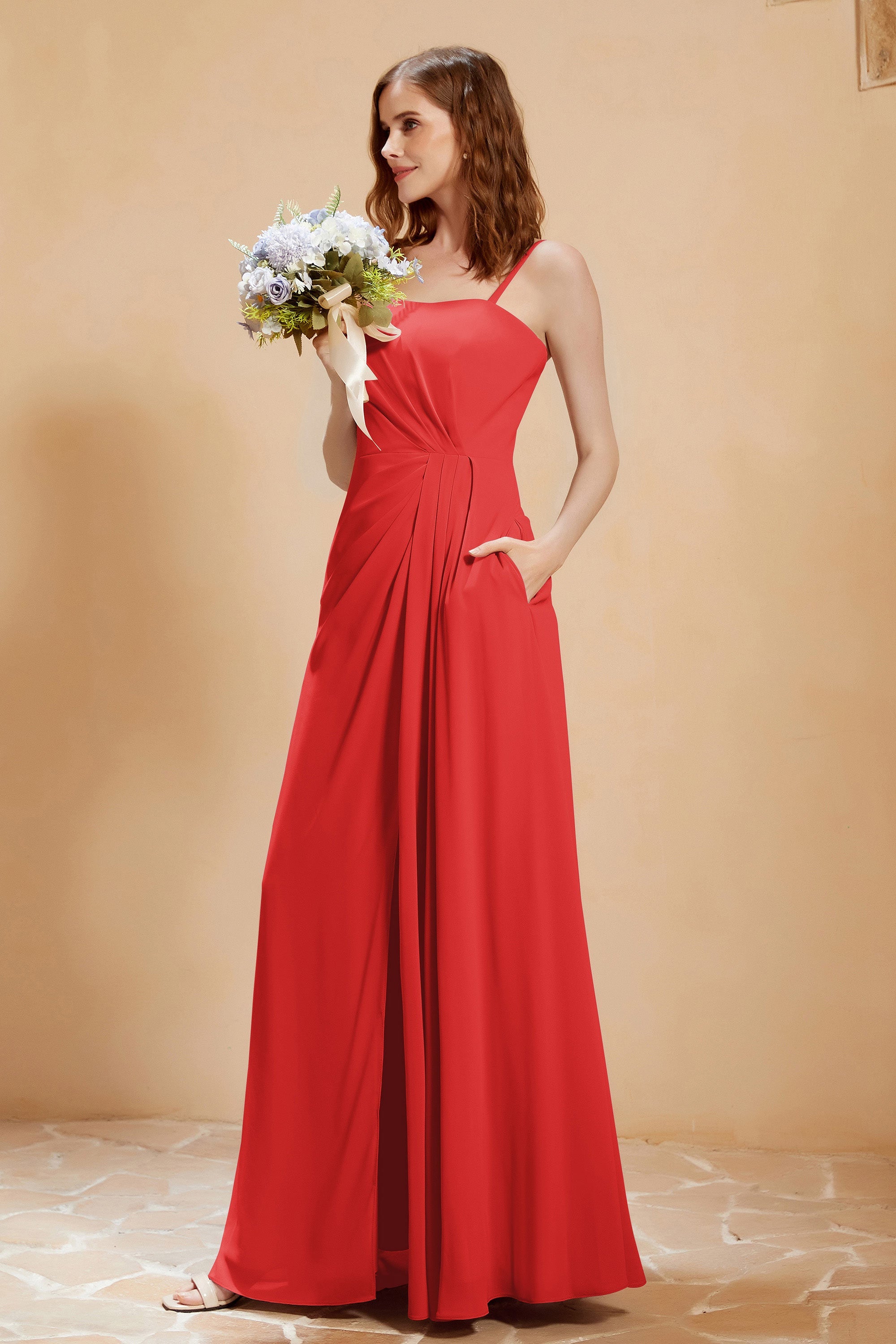 A Line Chiffon Square Bridesmaid Dress With Pockets Formal Evening Prom Dresses Gowns
