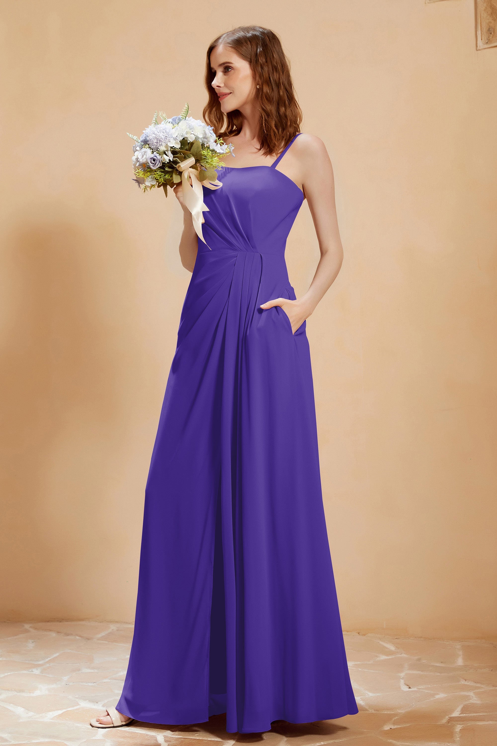 A Line Chiffon Square Bridesmaid Dress With Pockets Formal Evening Prom Dresses Gowns