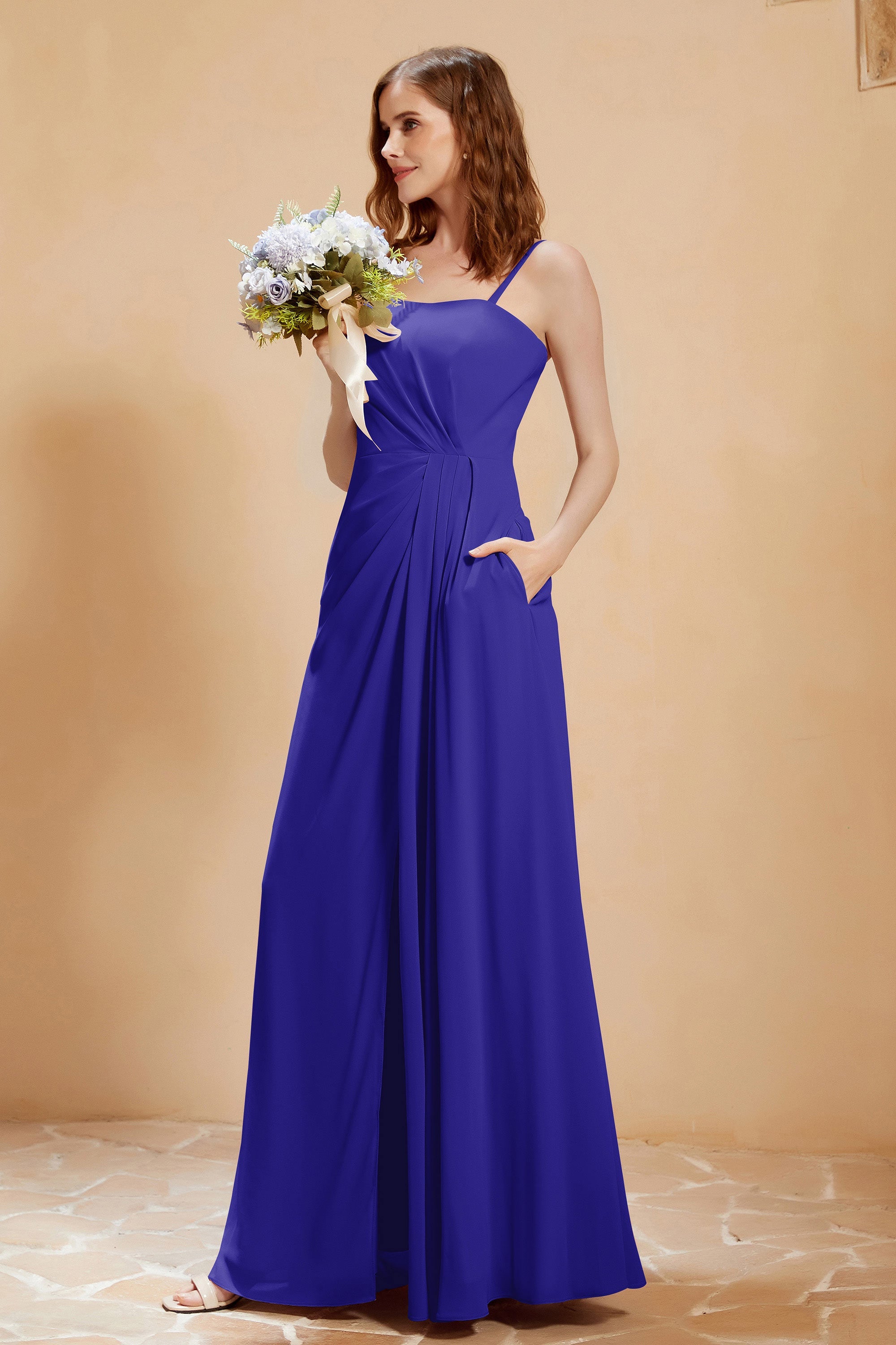 A Line Chiffon Square Bridesmaid Dress With Pockets Formal Evening Prom Dresses Gowns