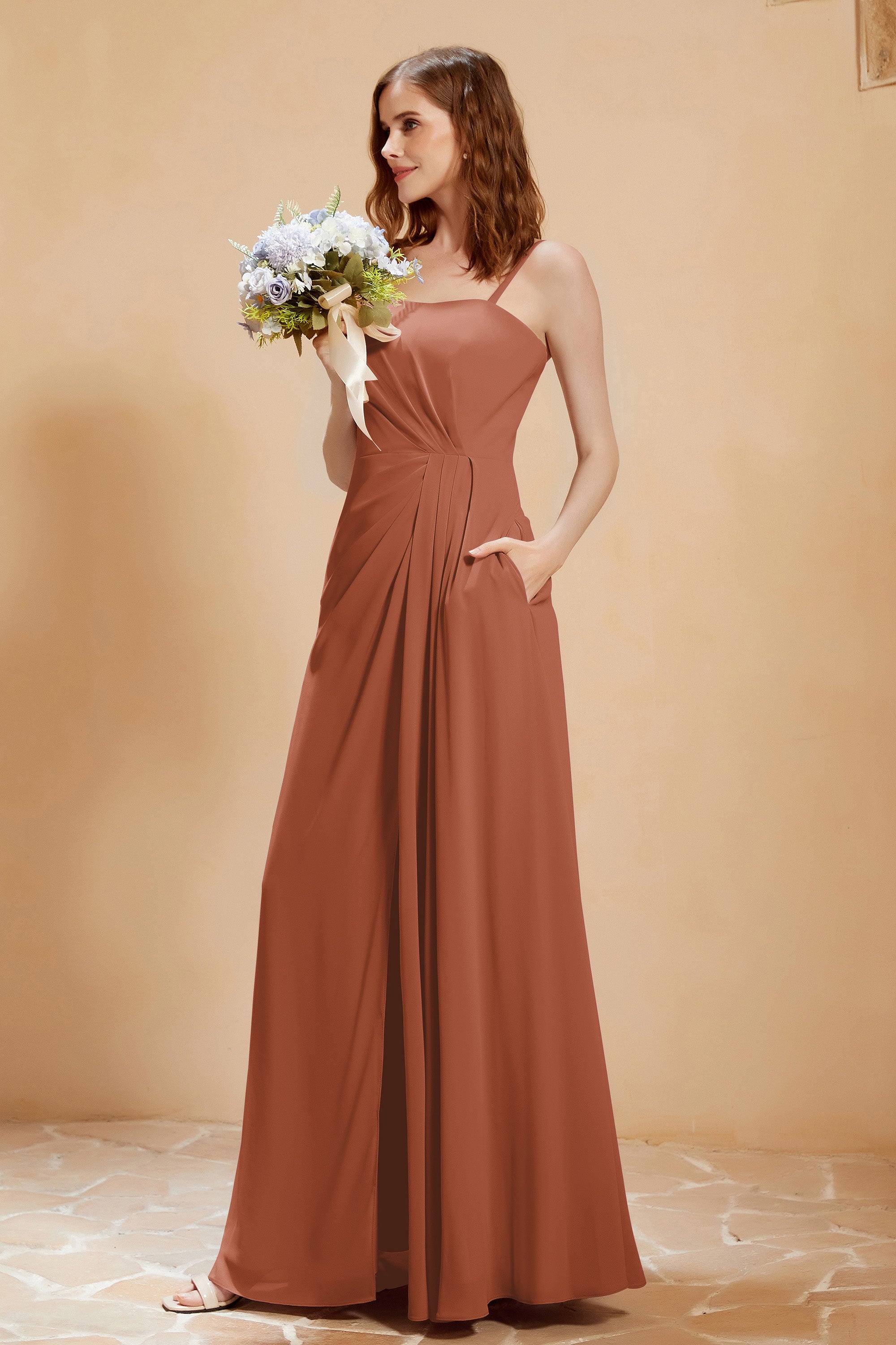 A Line Chiffon Square Bridesmaid Dress With Pockets Formal Evening Prom Dresses Gowns