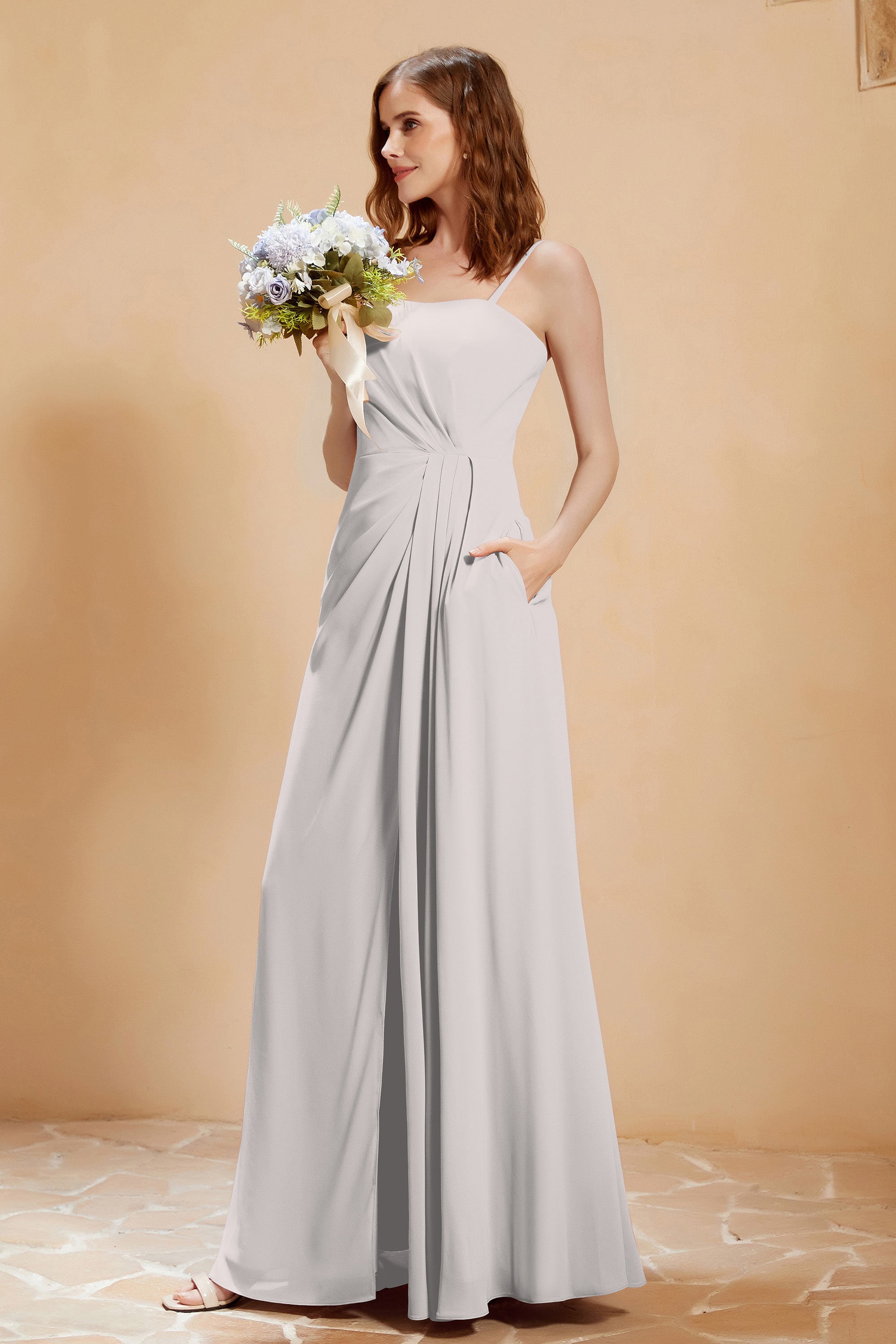 A Line Chiffon Square Bridesmaid Dress With Pockets Formal Evening Prom Dresses Gowns