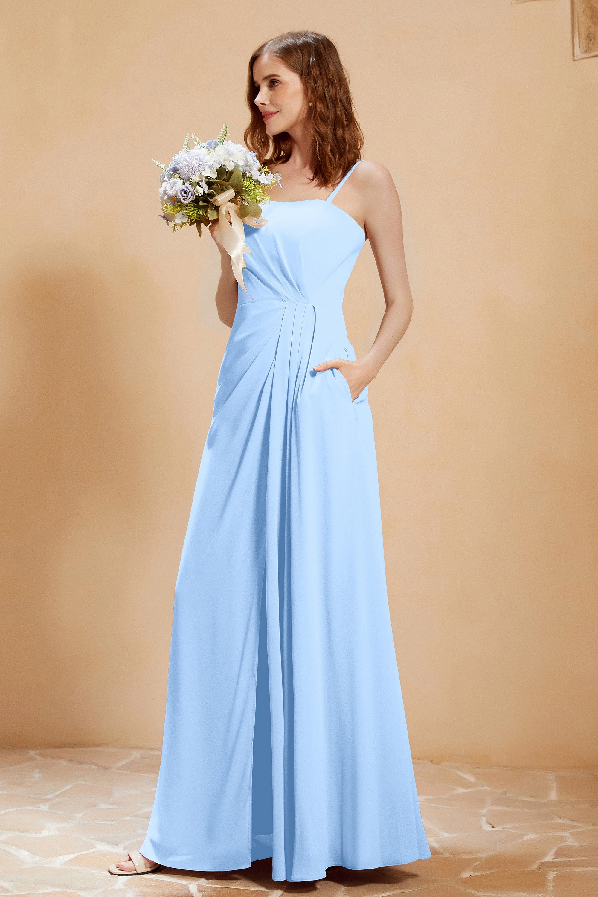 A Line Chiffon Square Bridesmaid Dress With Pockets Formal Evening Prom Dresses Gowns