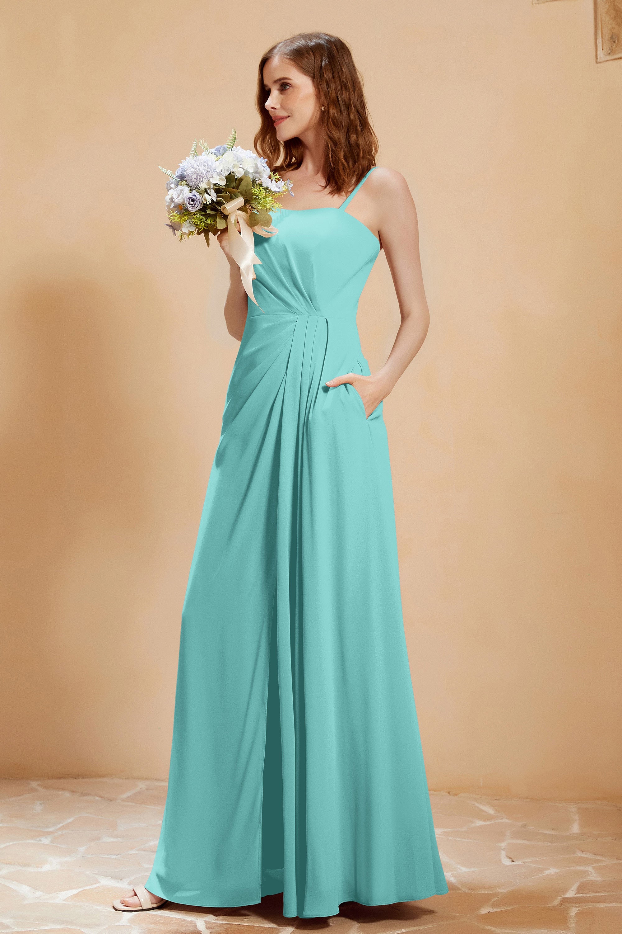 A Line Chiffon Square Bridesmaid Dress With Pockets Formal Evening Prom Dresses Gowns