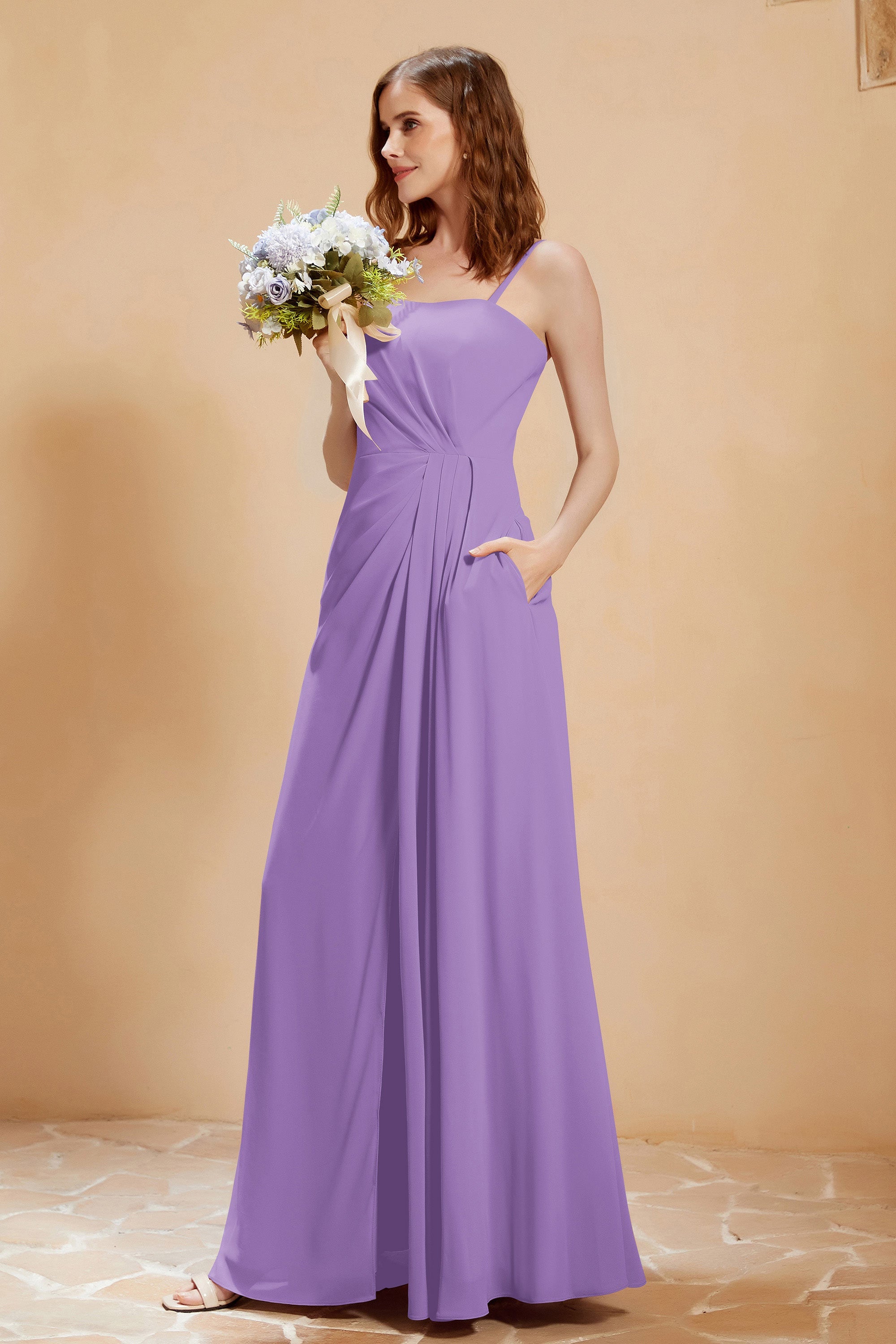 A Line Chiffon Square Bridesmaid Dress With Pockets Formal Evening Prom Dresses Gowns