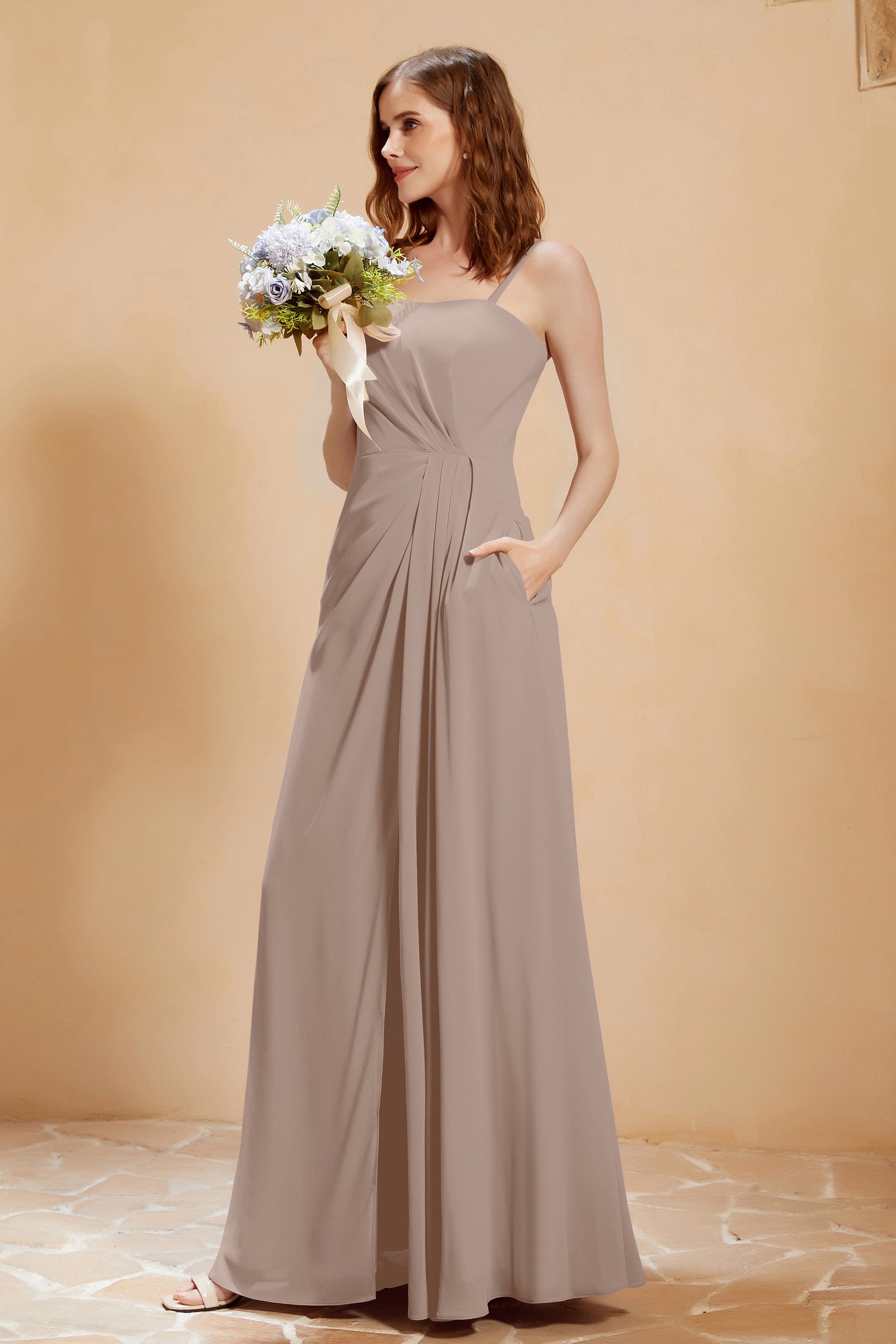 A Line Chiffon Square Bridesmaid Dress With Pockets Formal Evening Prom Dresses Gowns