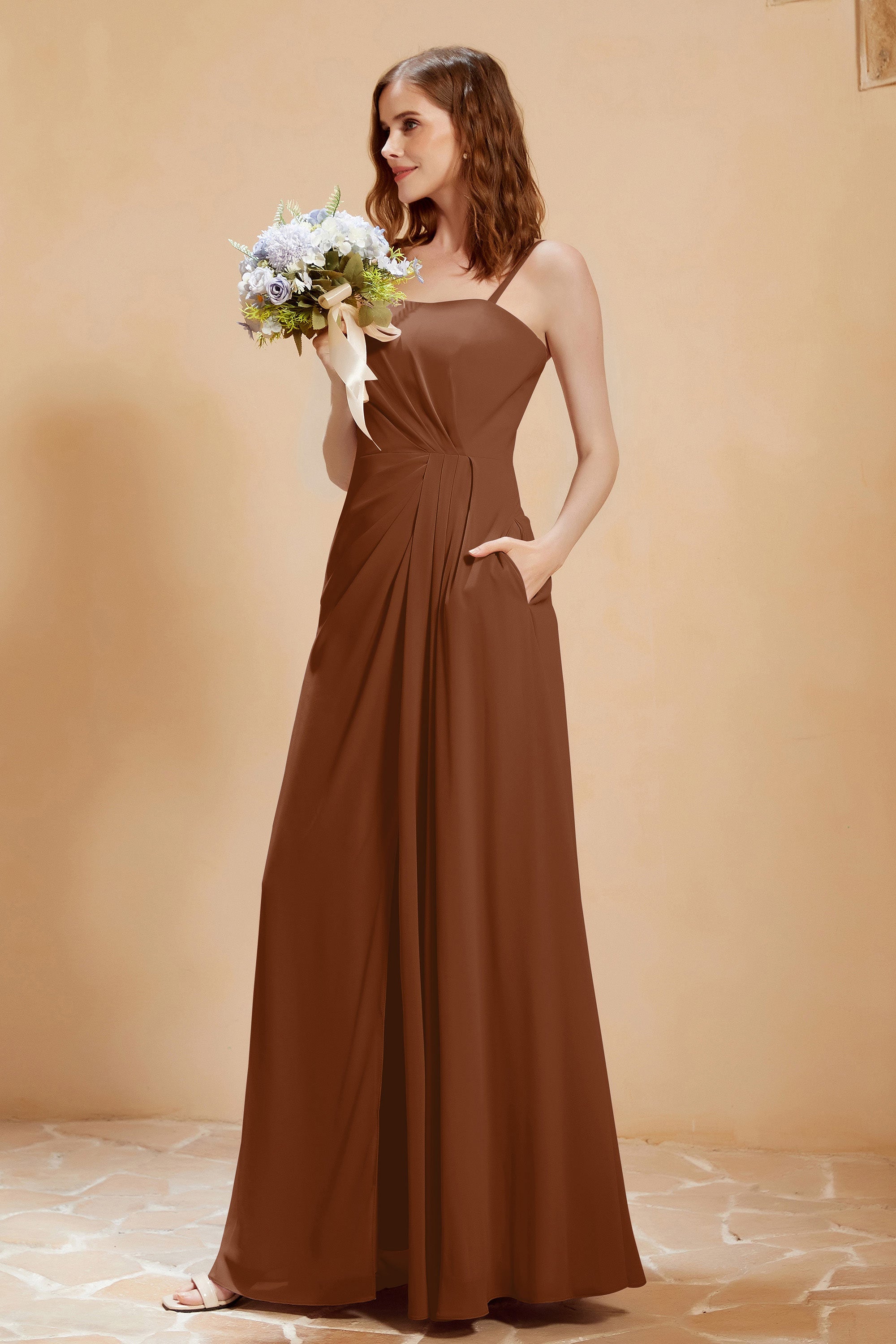 A Line Chiffon Square Bridesmaid Dress With Pockets Formal Evening Prom Dresses Gowns