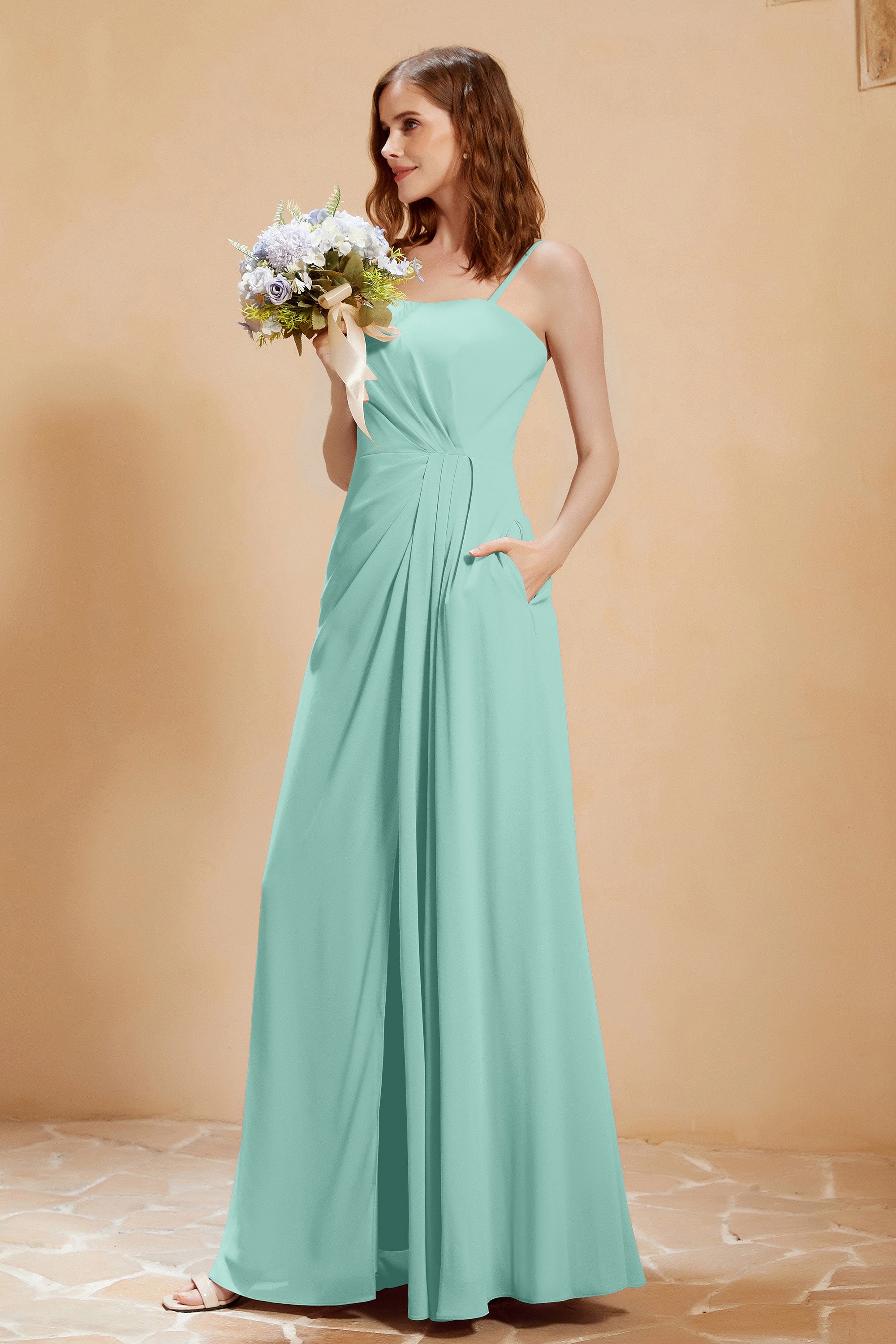 A Line Chiffon Square Bridesmaid Dress With Pockets Formal Evening Prom Dresses Gowns