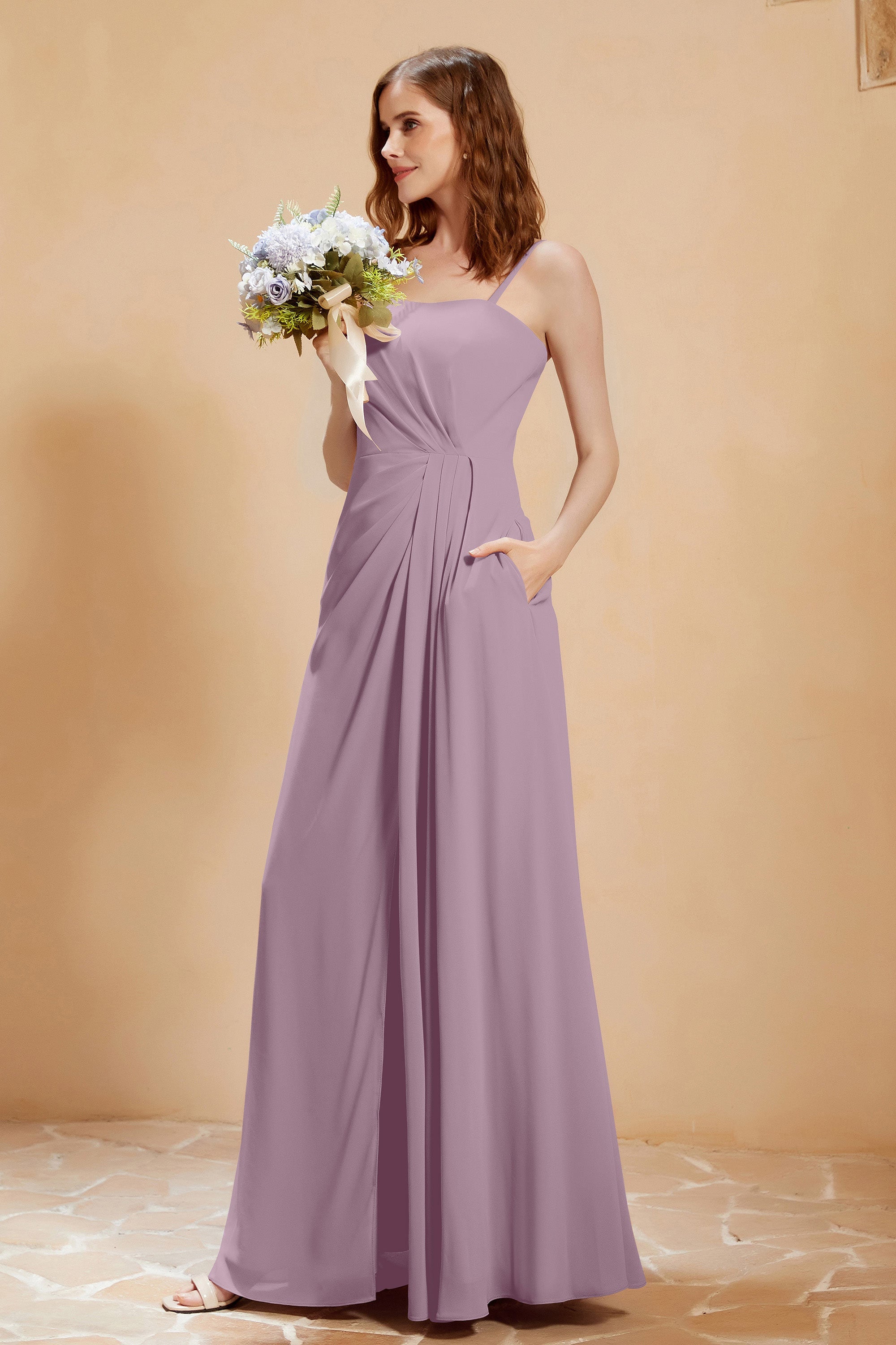 A Line Chiffon Square Bridesmaid Dress With Pockets Formal Evening Prom Dresses Gowns