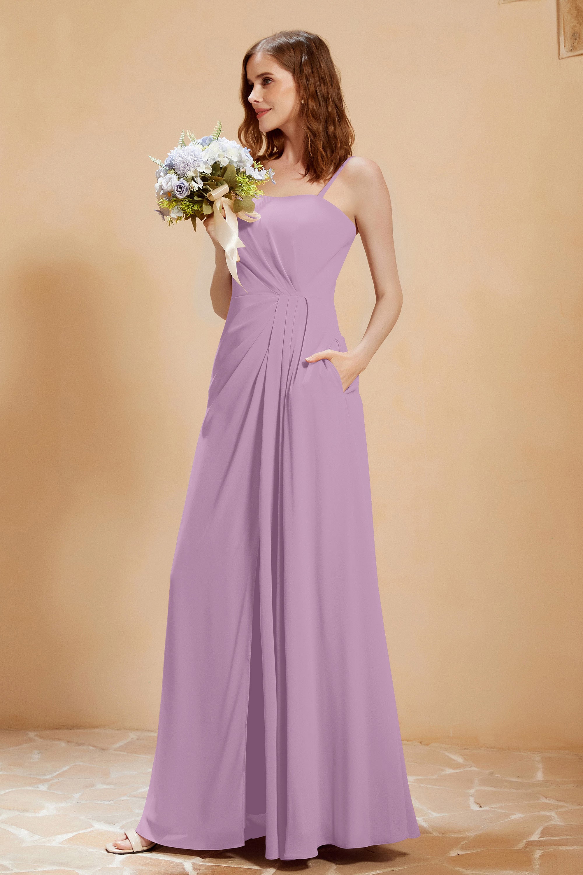 A Line Chiffon Square Bridesmaid Dress With Pockets Formal Evening Prom Dresses Gowns