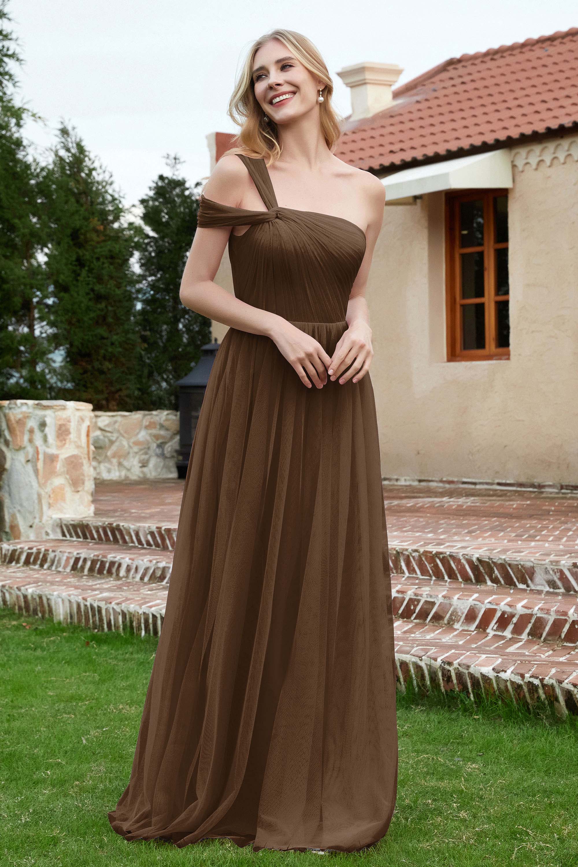 A Line Tulle Ruched Bridesmaid Dress Ruched Pleated Formal Evening Dresses Gowns