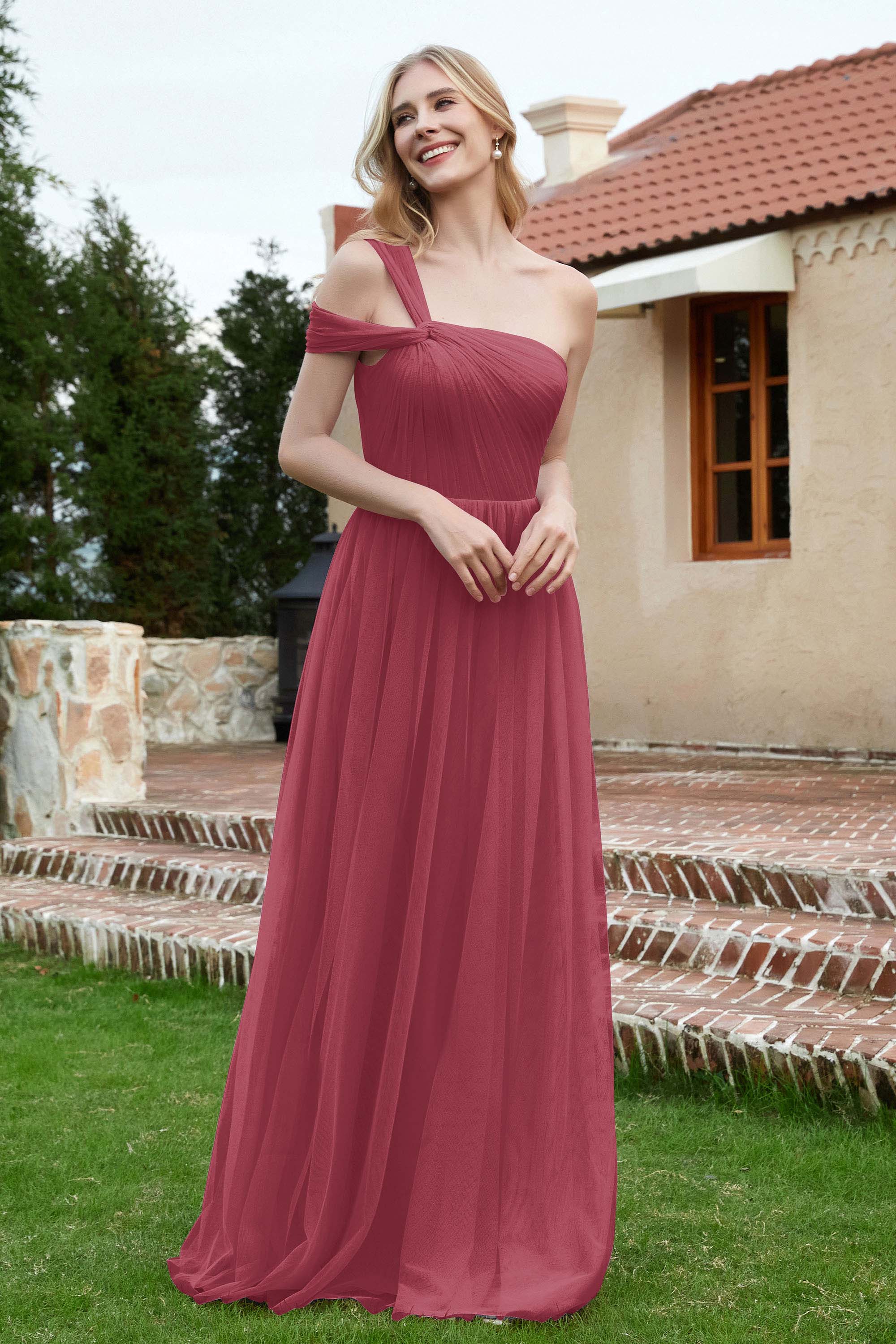 A Line Tulle Ruched Bridesmaid Dress Ruched Pleated Formal Evening Dresses Gowns
