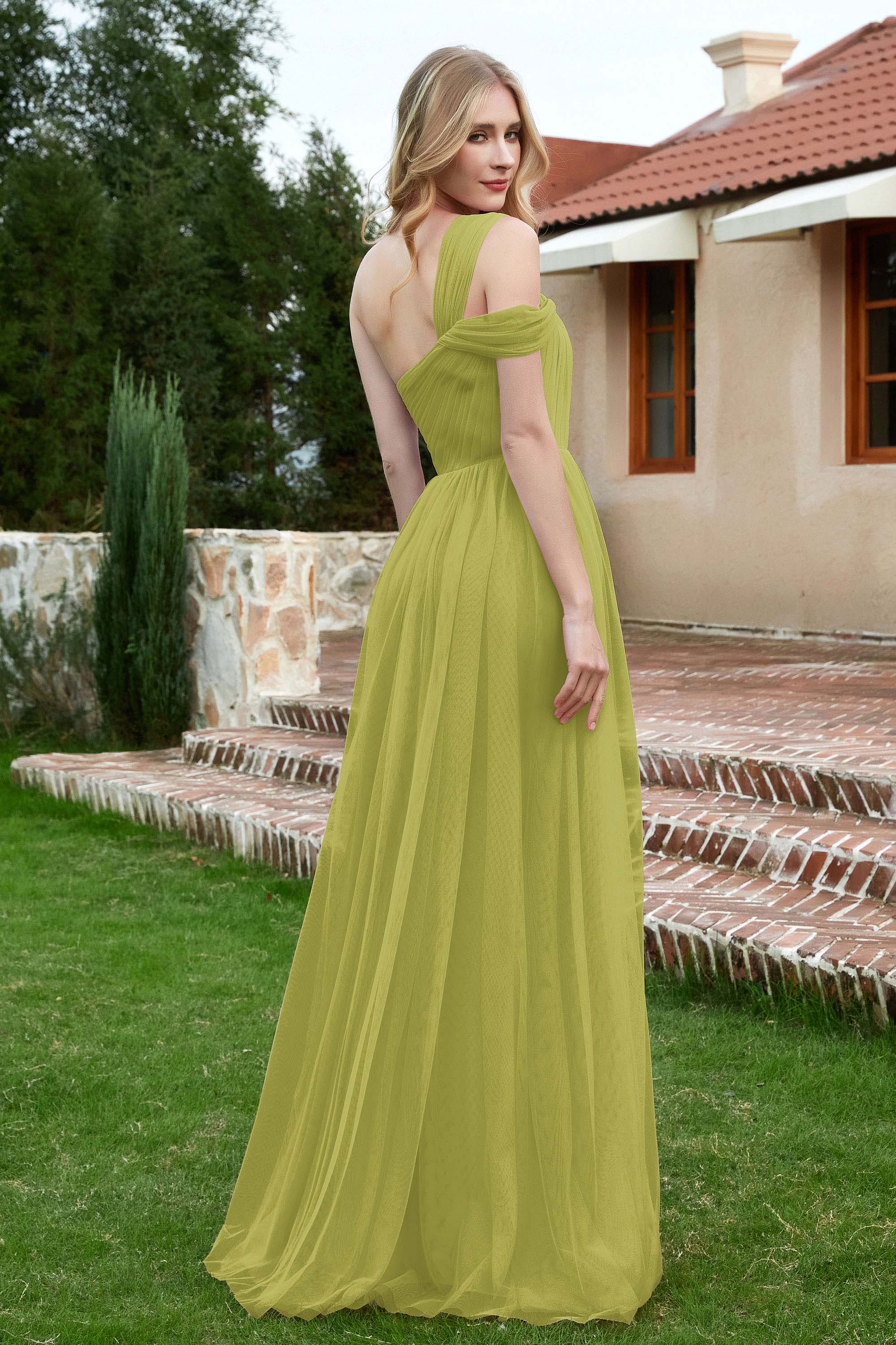 A Line Tulle Ruched Bridesmaid Dress Ruched Pleated Formal Evening Dresses Gowns