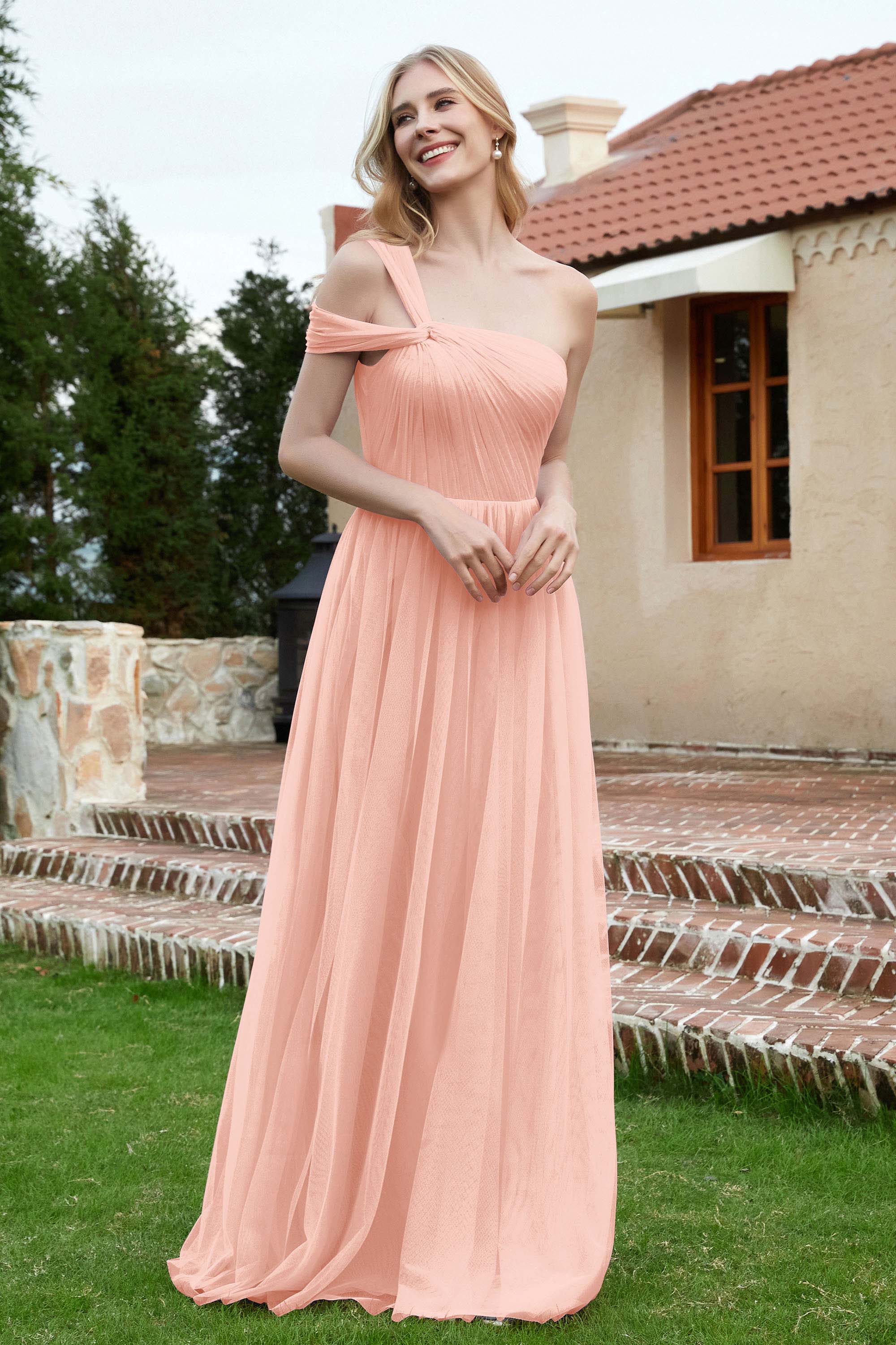 A Line Tulle Ruched Bridesmaid Dress Ruched Pleated Formal Evening Dresses Gowns