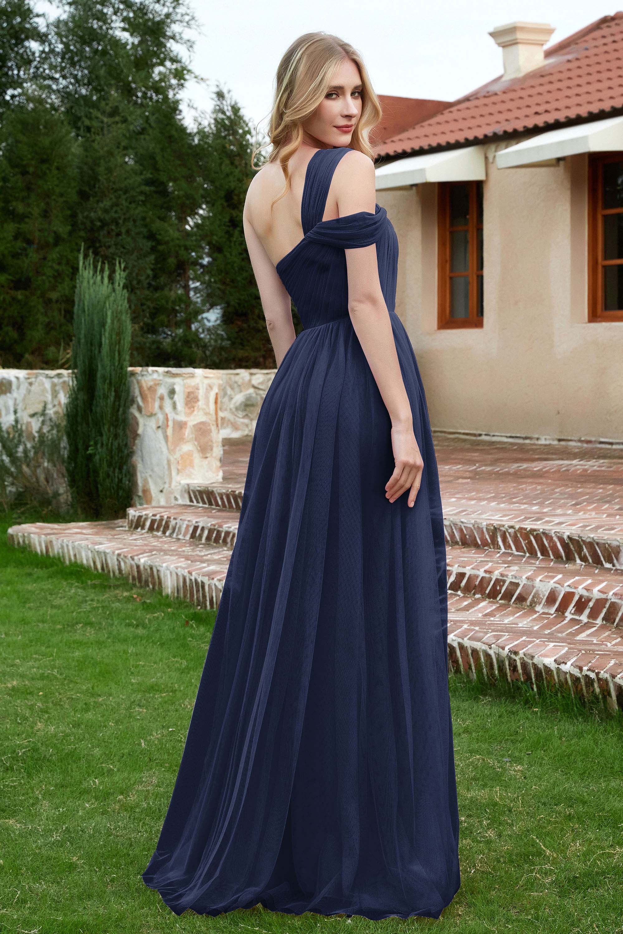 A Line Tulle Ruched Bridesmaid Dress Ruched Pleated Formal Evening Dresses Gowns