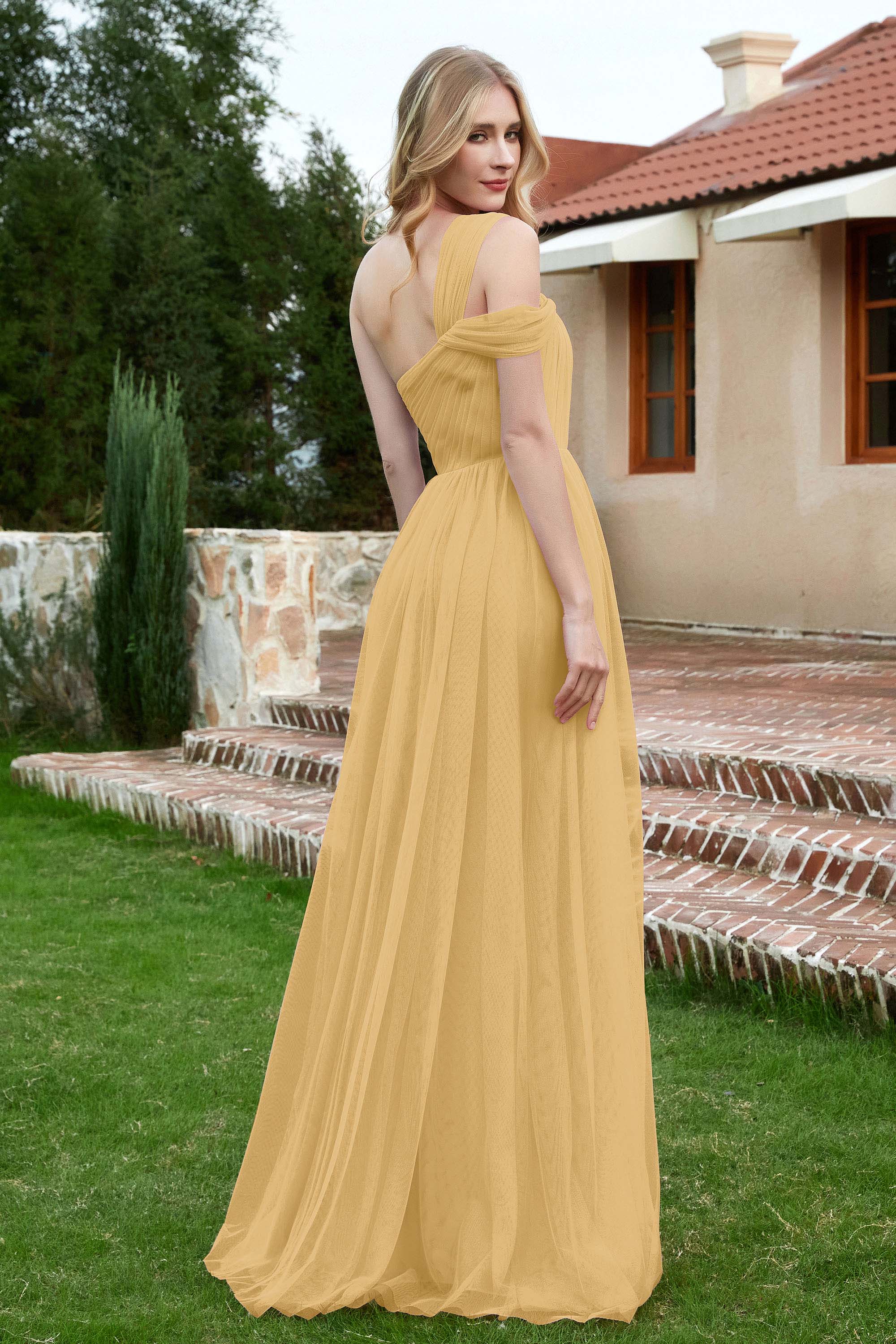 A Line Tulle Ruched Bridesmaid Dress Ruched Pleated Formal Evening Dresses Gowns