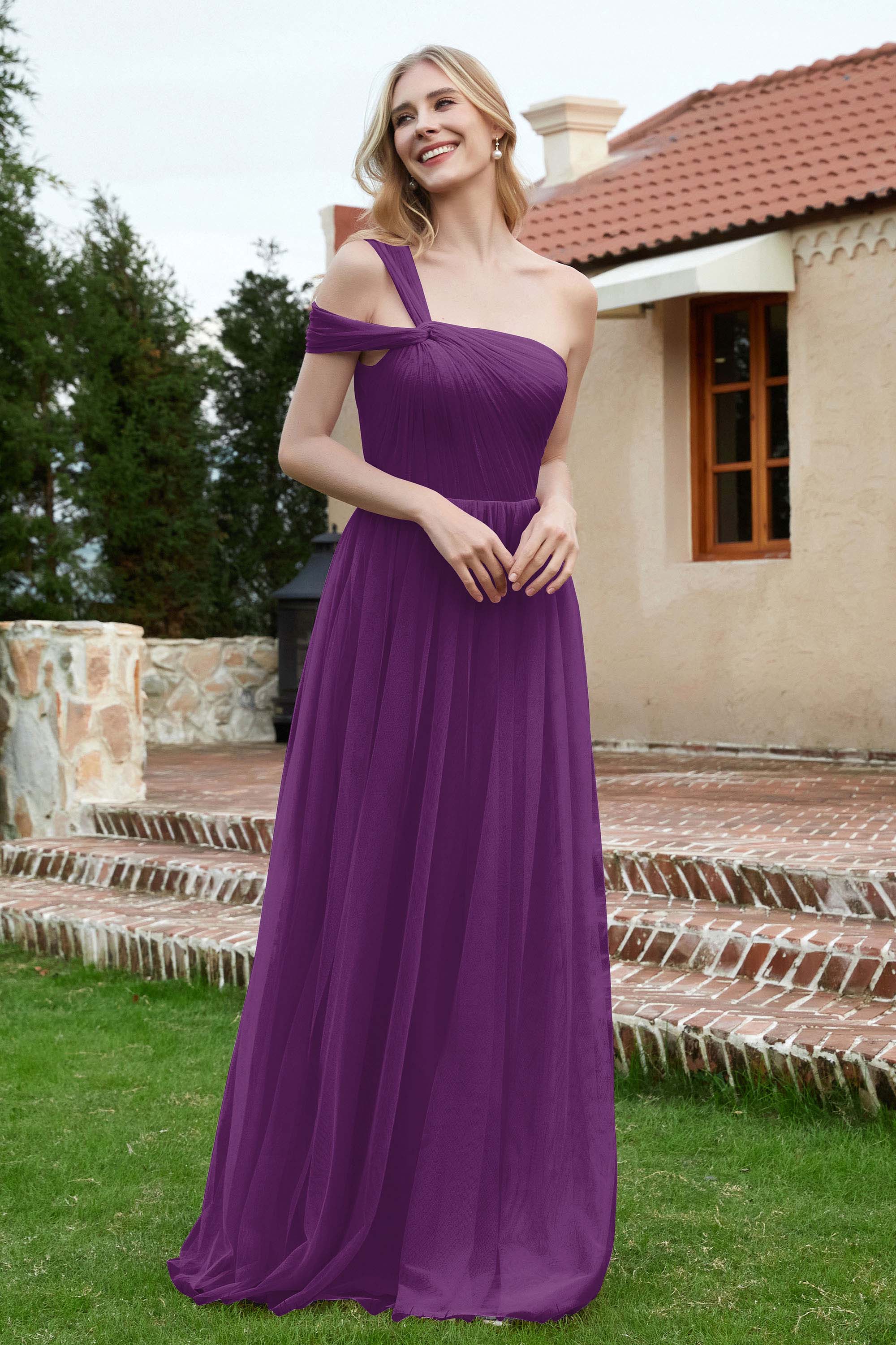 A Line Tulle Ruched Bridesmaid Dress Ruched Pleated Formal Evening Dresses Gowns