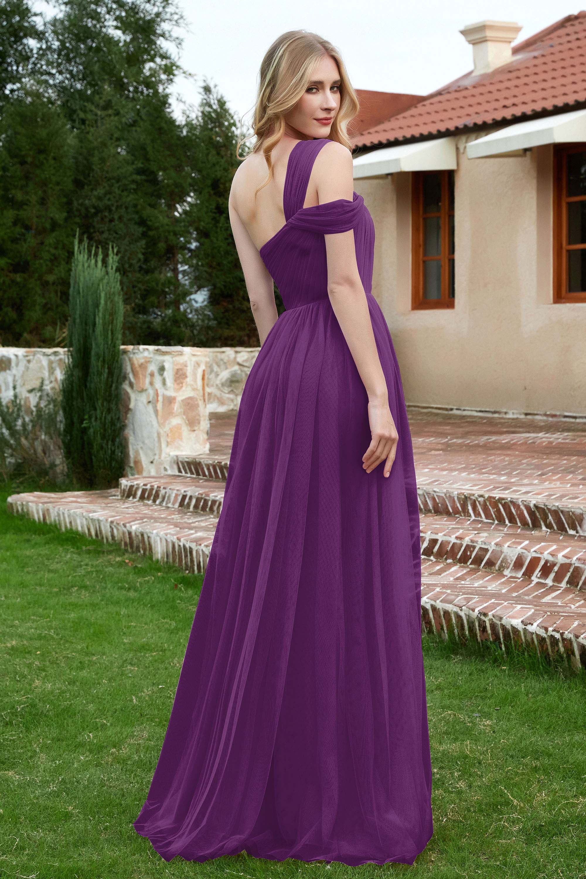 A Line Tulle Ruched Bridesmaid Dress Ruched Pleated Formal Evening Dresses Gowns