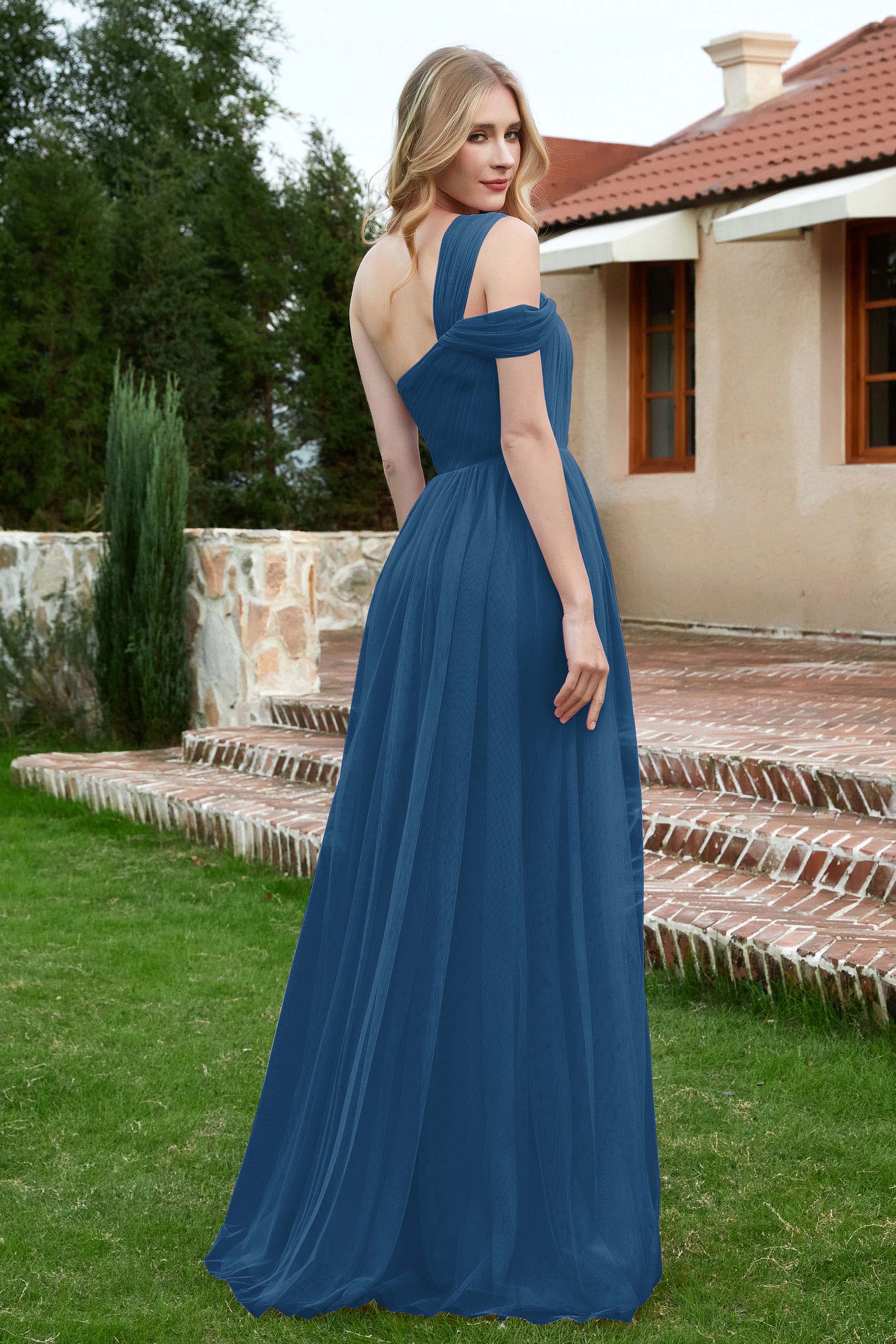 A Line Tulle Ruched Bridesmaid Dress Ruched Pleated Formal Evening Dresses Gowns