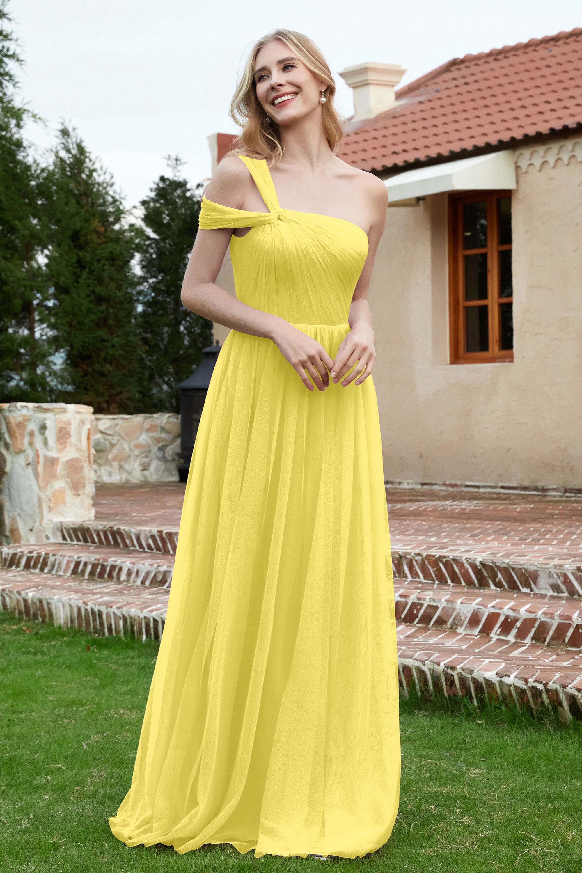 A Line Tulle Ruched Bridesmaid Dress Ruched Pleated Formal Evening Dresses Gowns