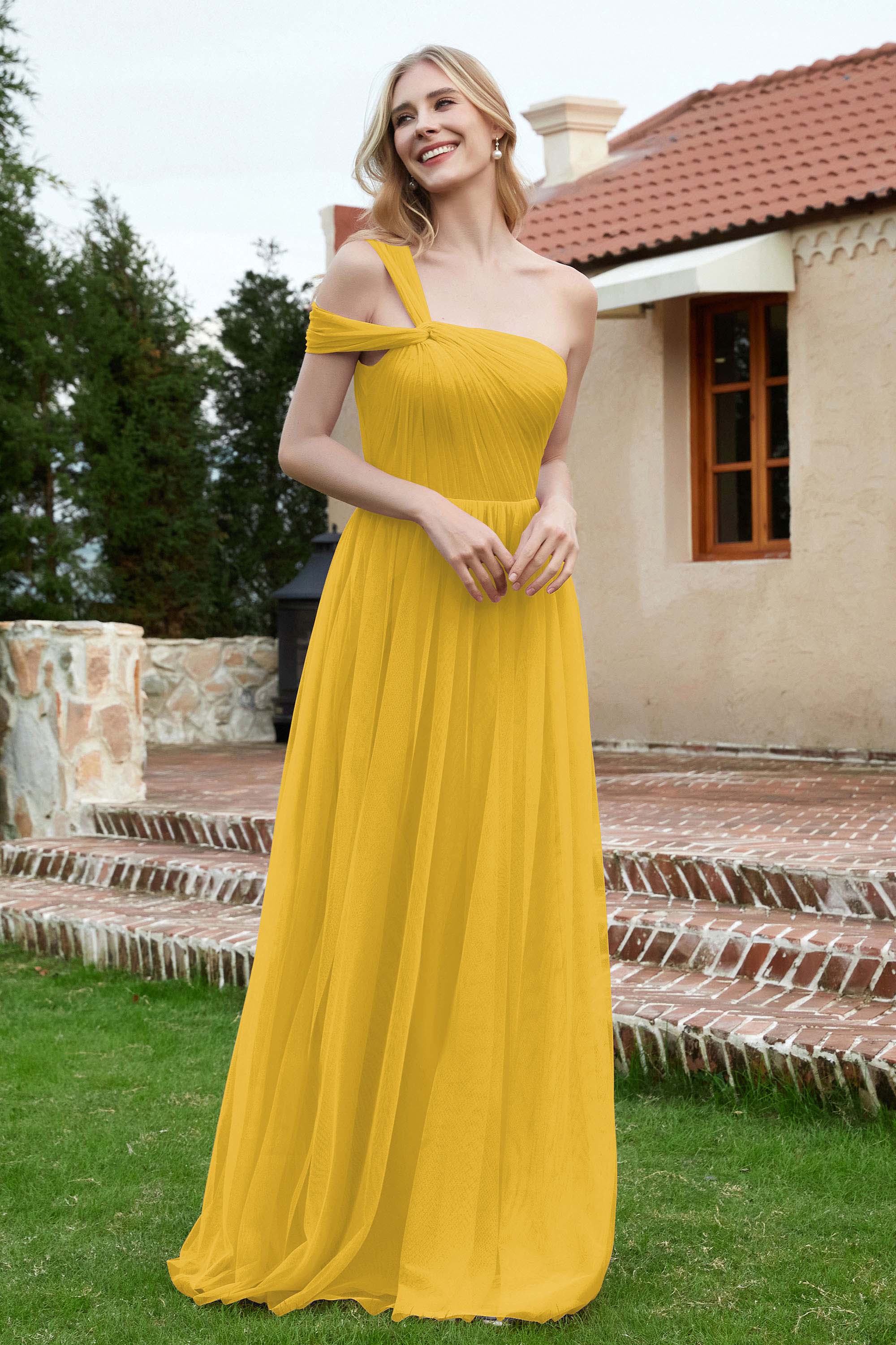 A Line Tulle Ruched Bridesmaid Dress Ruched Pleated Formal Evening Dresses Gowns