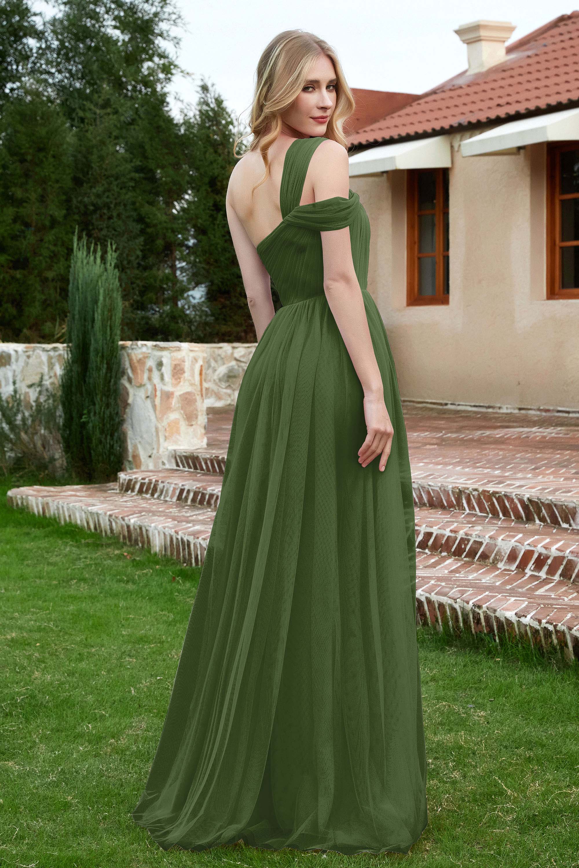 A Line Tulle Ruched Bridesmaid Dress Ruched Pleated Formal Evening Dresses Gowns