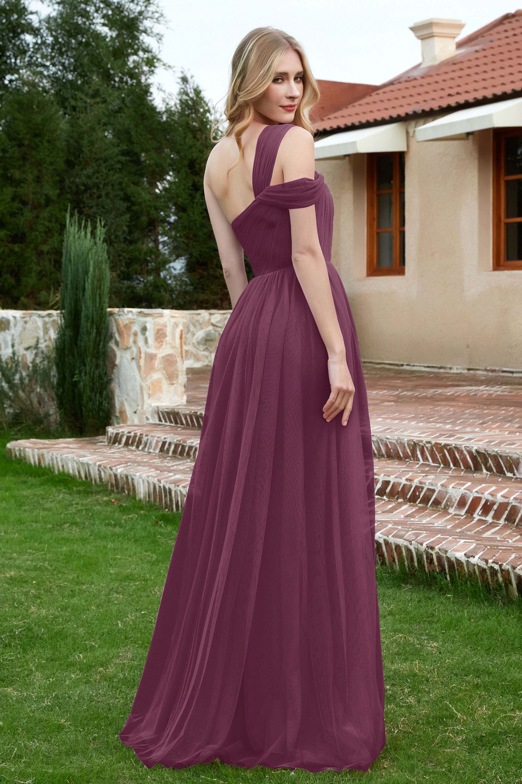 A Line Tulle Ruched Bridesmaid Dress Ruched Pleated Formal Evening Dresses Gowns