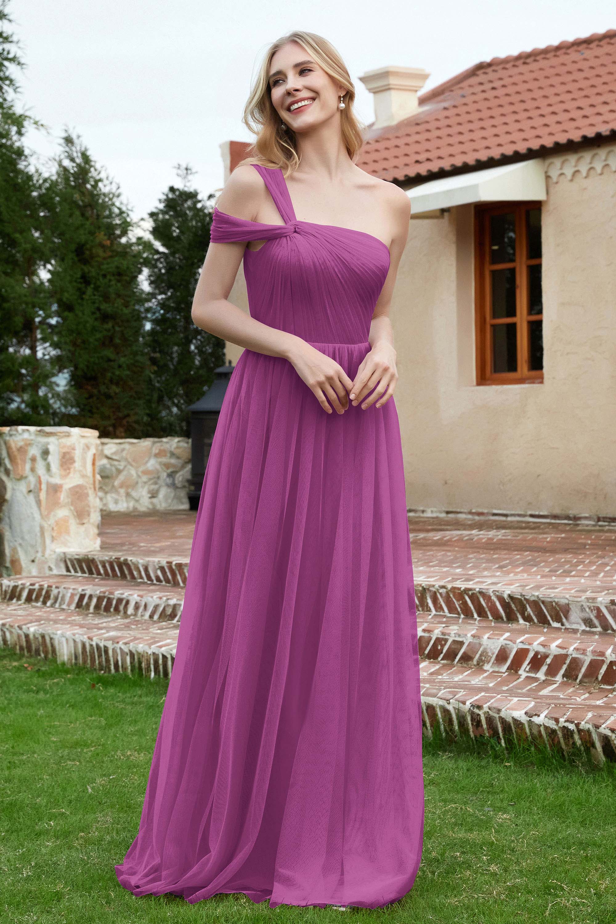 A Line Tulle Ruched Bridesmaid Dress Ruched Pleated Formal Evening Dresses Gowns