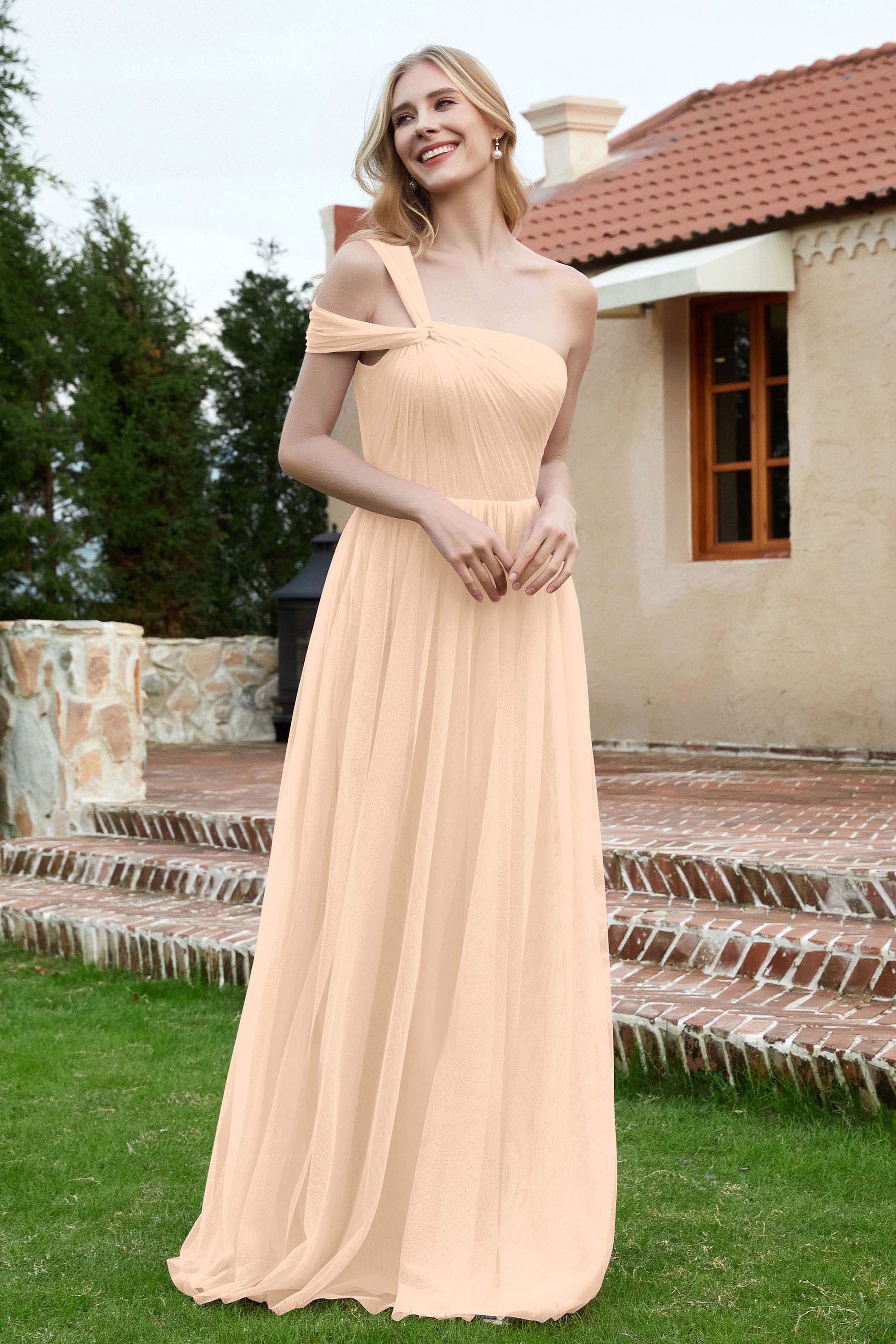 A Line Tulle Ruched Bridesmaid Dress Ruched Pleated Formal Evening Dresses Gowns