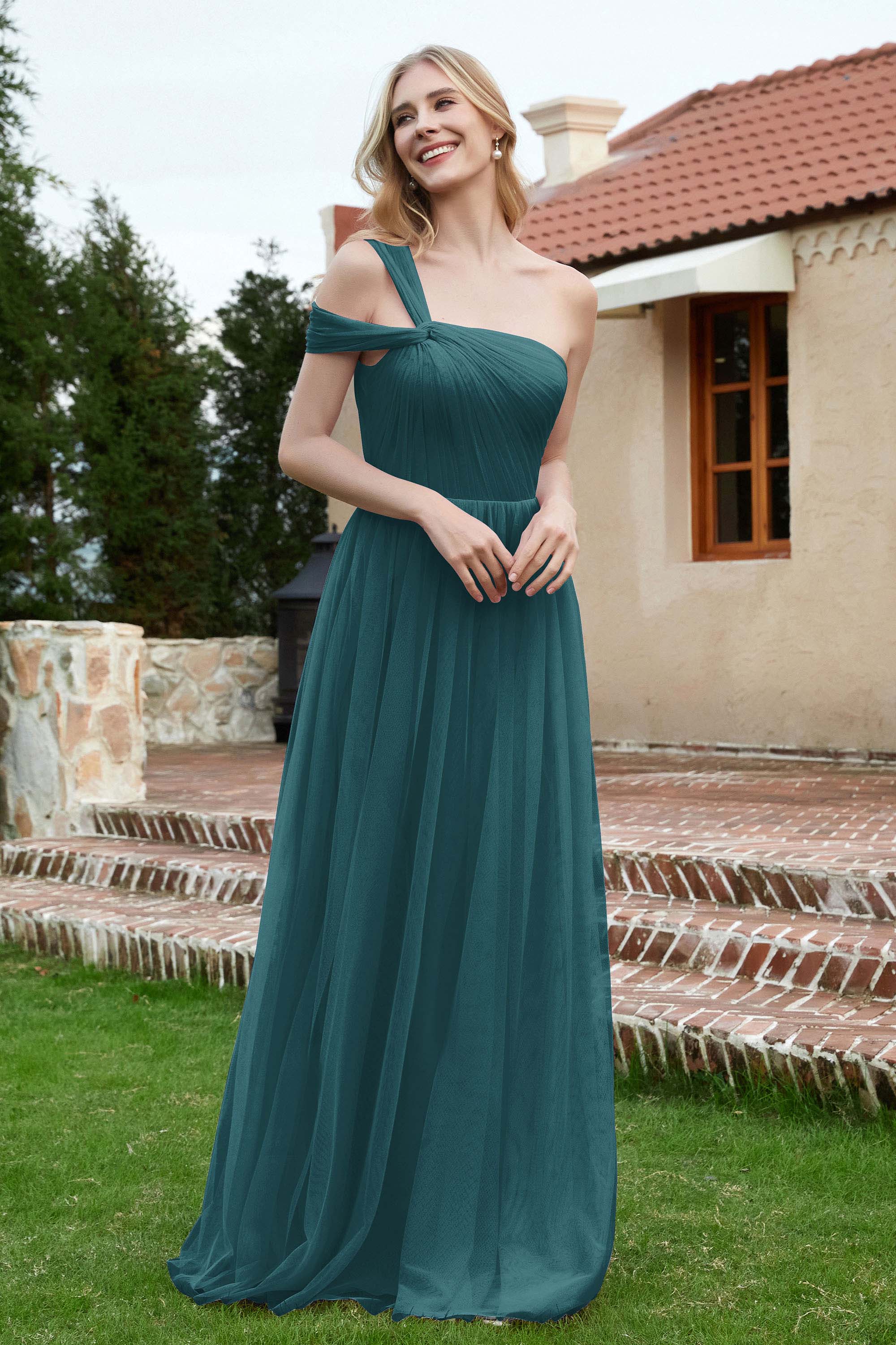 A Line Tulle Ruched Bridesmaid Dress Ruched Pleated Formal Evening Dresses Gowns