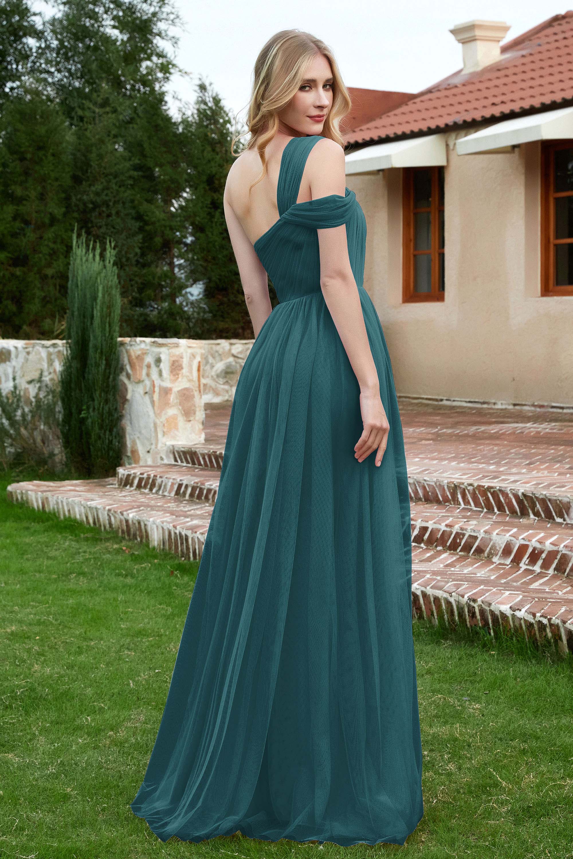 A Line Tulle Ruched Bridesmaid Dress Ruched Pleated Formal Evening Dresses Gowns