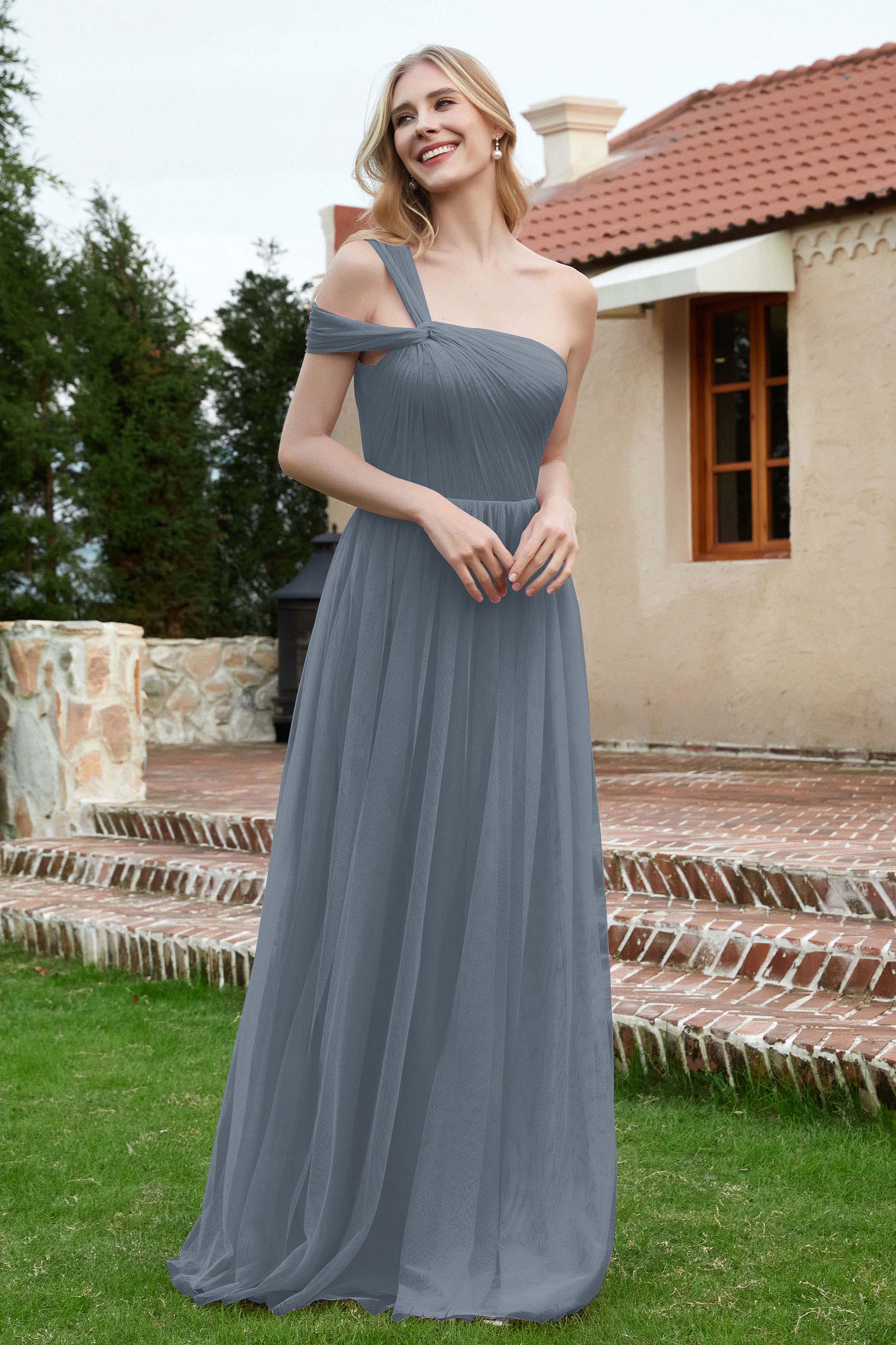 A Line Tulle Ruched Bridesmaid Dress Ruched Pleated Formal Evening Dresses Gowns