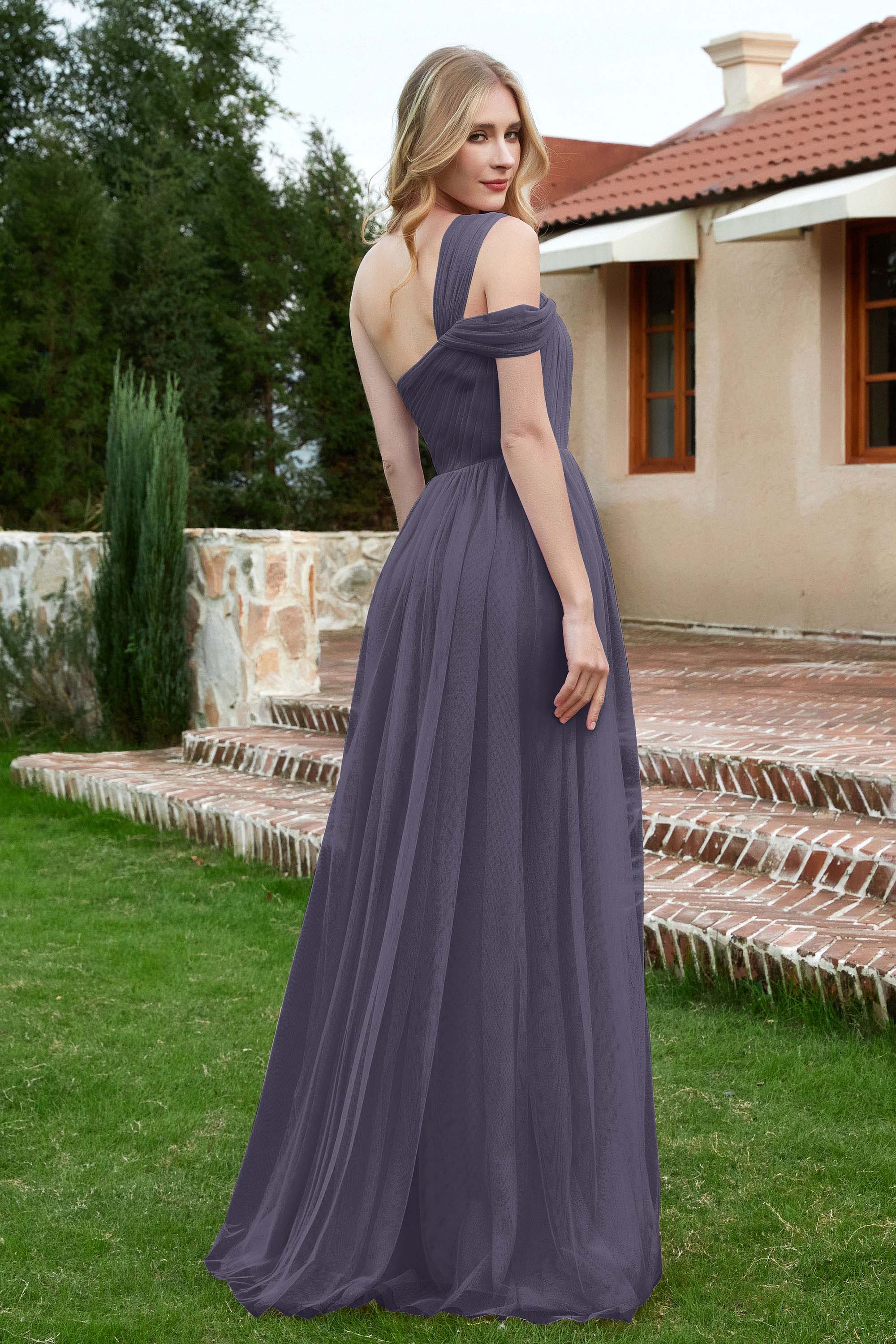 A Line Tulle Ruched Bridesmaid Dress Ruched Pleated Formal Evening Dresses Gowns
