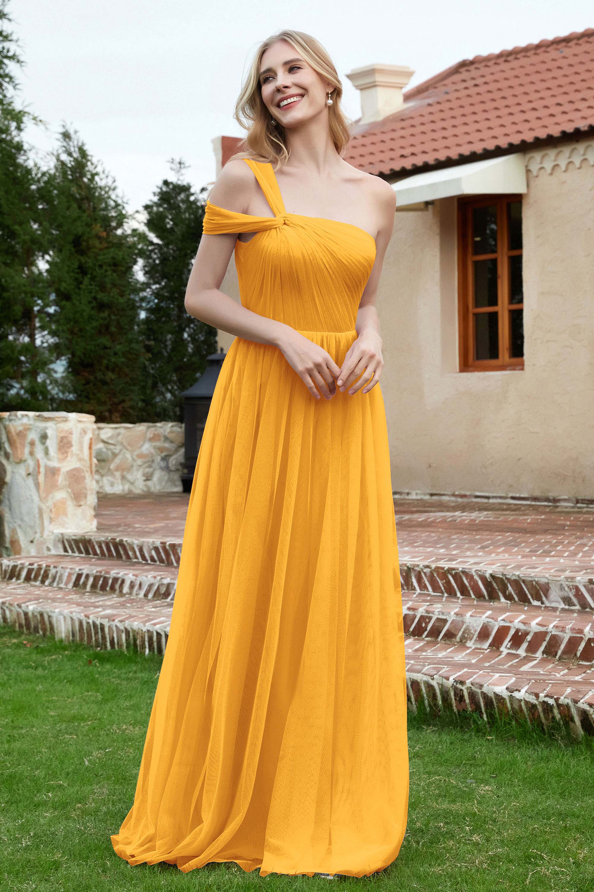 A Line Tulle Ruched Bridesmaid Dress Ruched Pleated Formal Evening Dresses Gowns