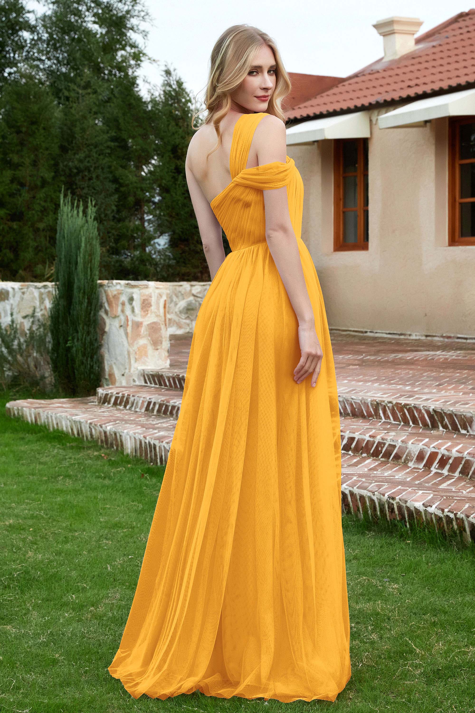 A Line Tulle Ruched Bridesmaid Dress Ruched Pleated Formal Evening Dresses Gowns