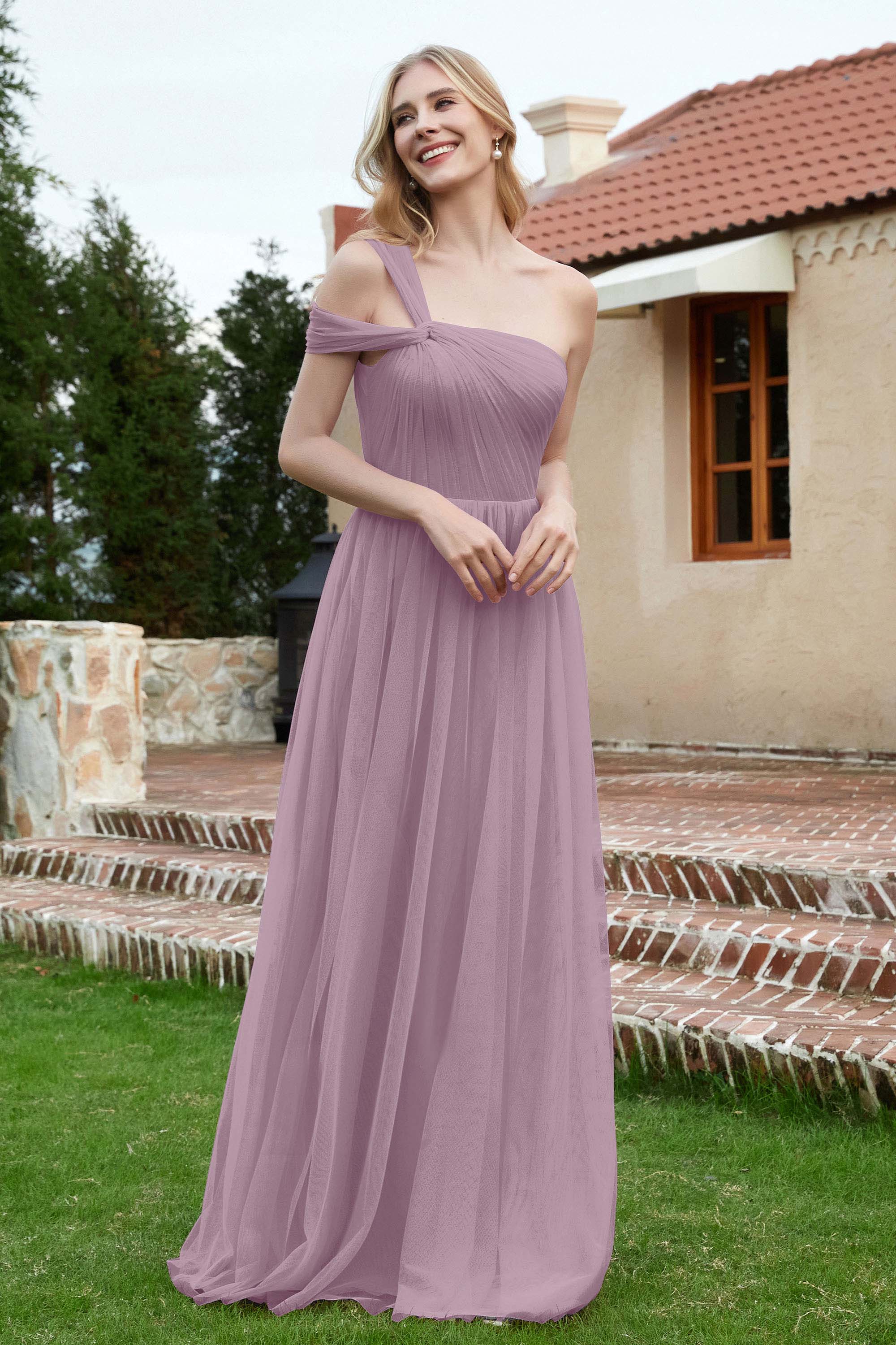 A Line Tulle Ruched Bridesmaid Dress Ruched Pleated Formal Evening Dresses Gowns