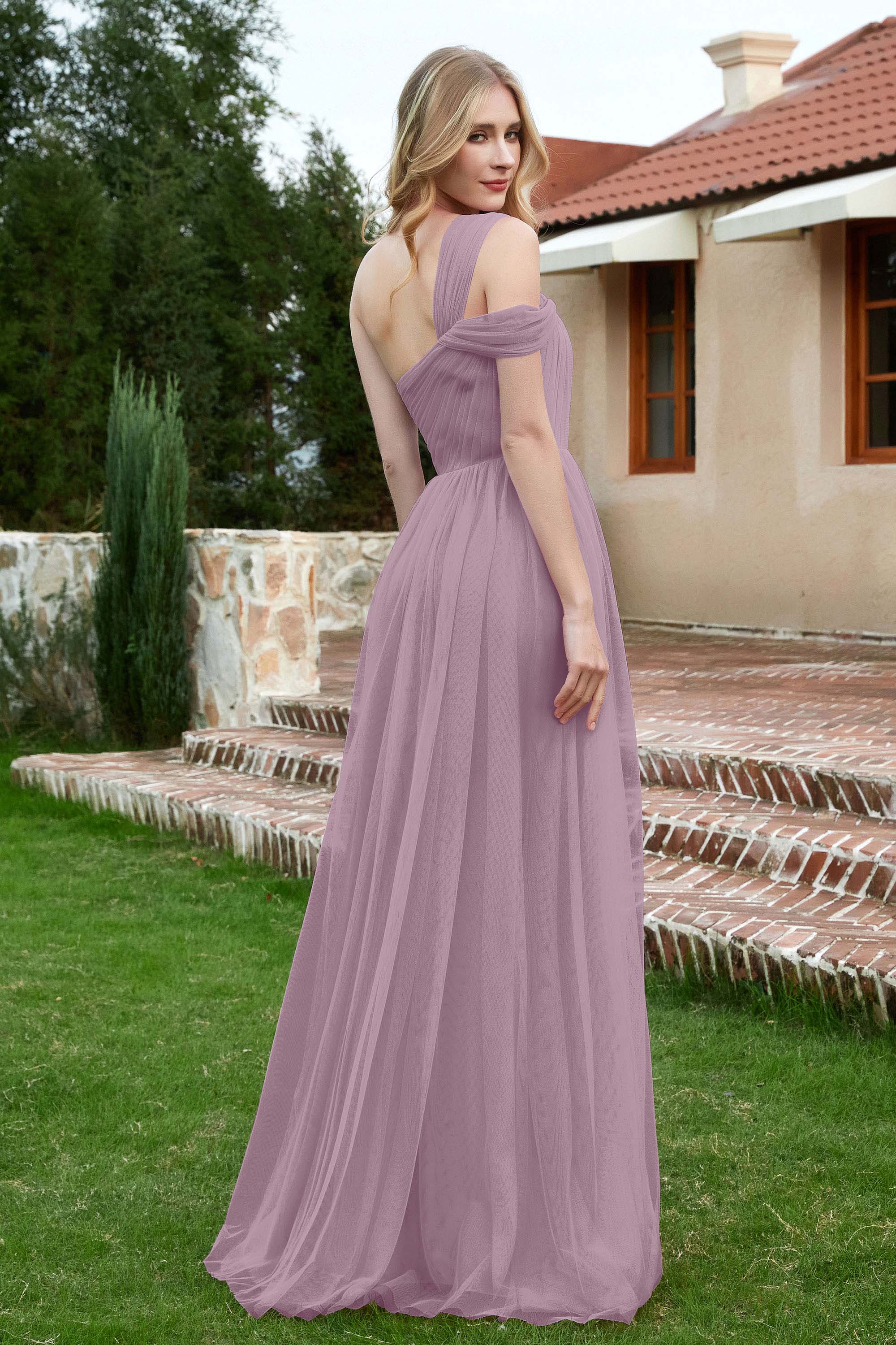 A Line Tulle Ruched Bridesmaid Dress Ruched Pleated Formal Evening Dresses Gowns