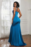 Mermaid Satin Ruched Pleated Formal Evening Dresses with Slit Prom Party Gowns