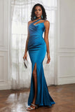 Mermaid Satin Ruched Pleated Formal Evening Dresses with Slit Prom Party Gowns