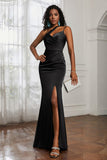 Mermaid Satin Ruched Pleated Formal Evening Dresses with Slit Prom Party Gowns