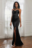 Mermaid Satin Ruched Pleated Formal Evening Dresses with Slit Prom Party Gowns