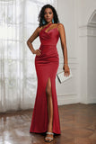 Mermaid Satin Ruched Pleated Formal Evening Dresses with Slit Prom Party Gowns