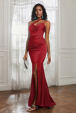 Mermaid Satin Ruched Pleated Formal Evening Dresses with Slit Prom Party Gowns