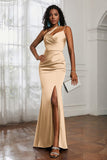 Mermaid Satin Ruched Pleated Formal Evening Dresses with Slit Prom Party Gowns