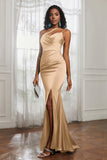 Mermaid Satin Ruched Pleated Formal Evening Dresses with Slit Prom Party Gowns