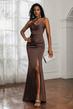 Mermaid Satin Ruched Pleated Formal Evening Dresses with Slit Prom Party Gowns