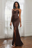 Mermaid Satin Ruched Pleated Formal Evening Dresses with Slit Prom Party Gowns