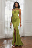Mermaid Satin Ruched Pleated Formal Evening Dresses with Slit Prom Party Gowns