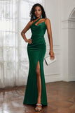 Mermaid Satin Ruched Pleated Formal Evening Dresses with Slit Prom Party Gowns