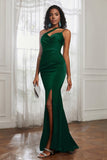 Mermaid Satin Ruched Pleated Formal Evening Dresses with Slit Prom Party Gowns